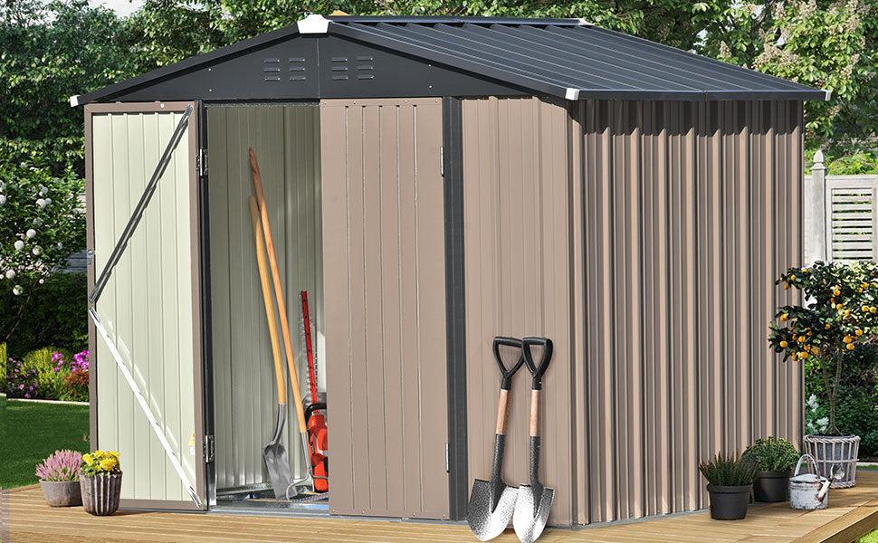 8ft x 6ft Outdoor Garden Metal Lean-to Shed with Lockable Doors - Brown