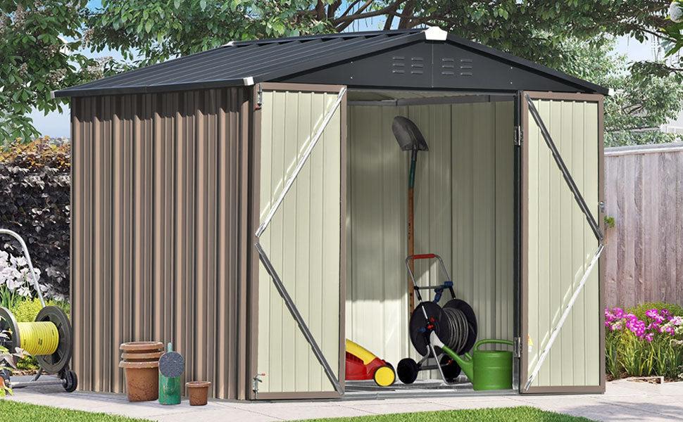 8ft x 6ft Outdoor Garden Metal Lean-to Shed with Lockable Doors - Brown