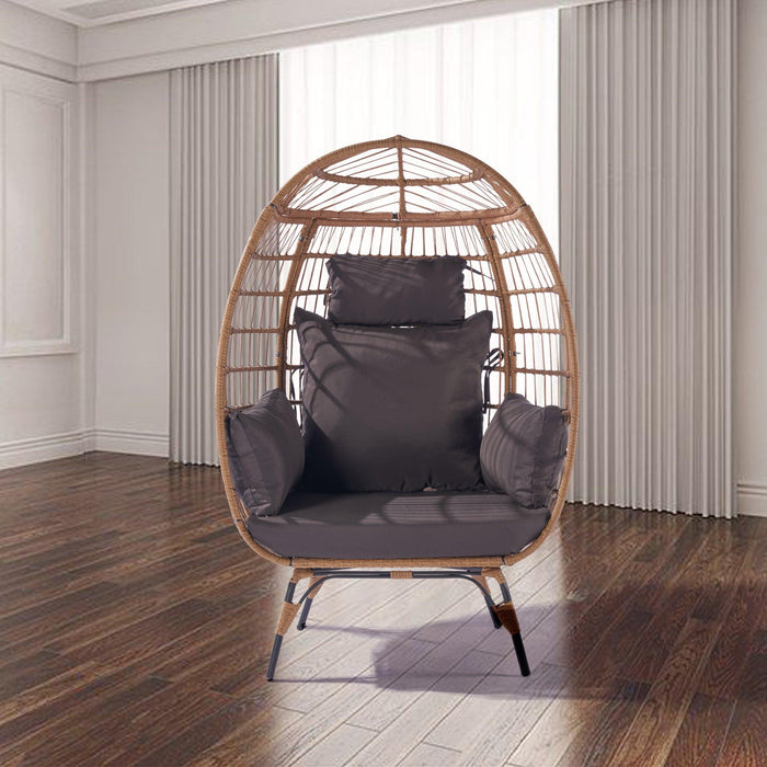 Wicker Egg Chair, Oversized Indoor Outdoor Lounger for Patio, Backyard, Living Room w/ 5 Cushions, Steel Frame, 440lb Capacity - Dark Grey