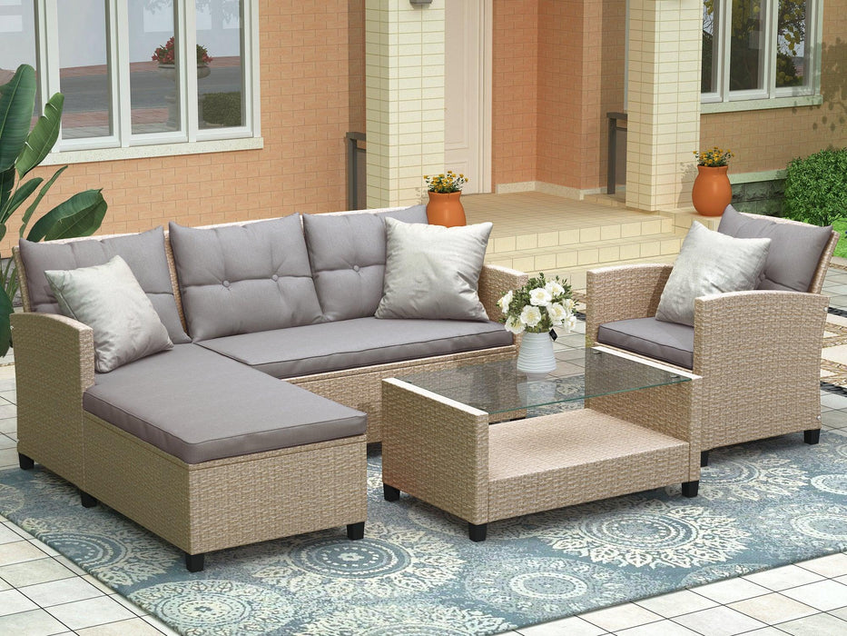 Outdoor, Patio Furniture Sets, 4 PCS Conversation Set Wicker Ratten Sectional Sofa with Seat Cushions(Beige Brown)