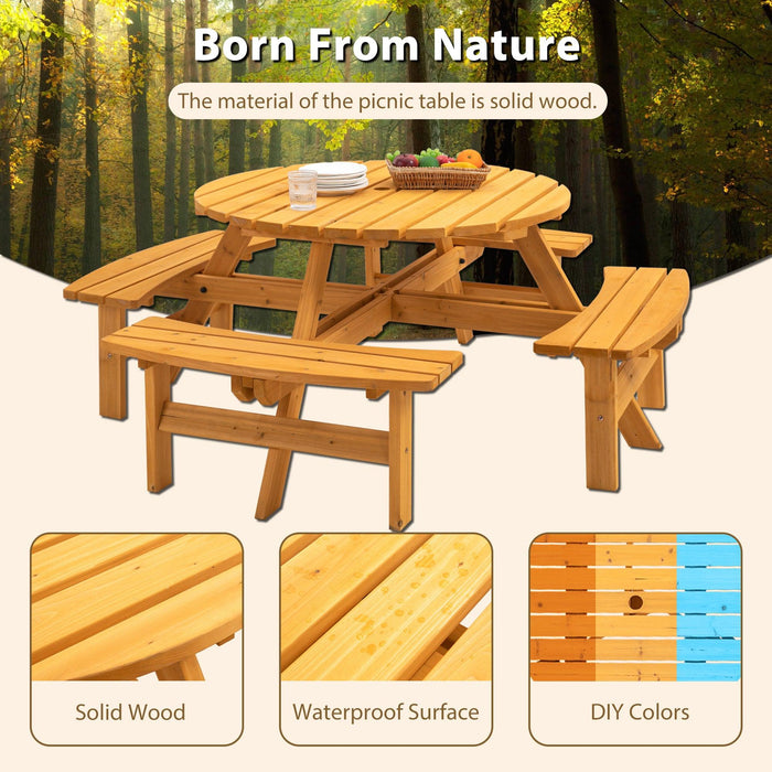 6-Person Circular Outdoor Wooden Picnic Table with 4 Built-in Benches - Natural