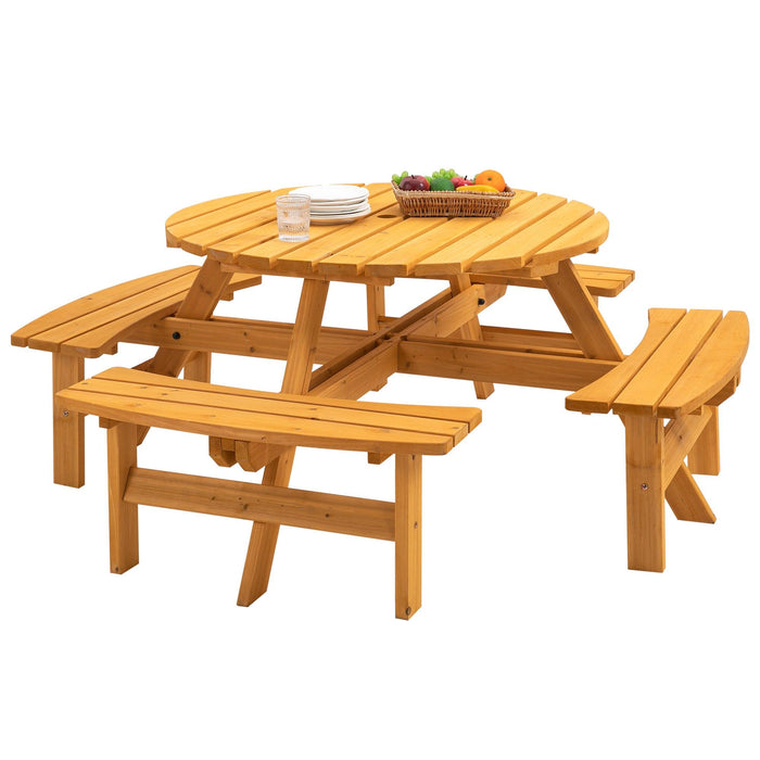 6-Person Circular Outdoor Wooden Picnic Table with 4 Built-in Benches - Natural