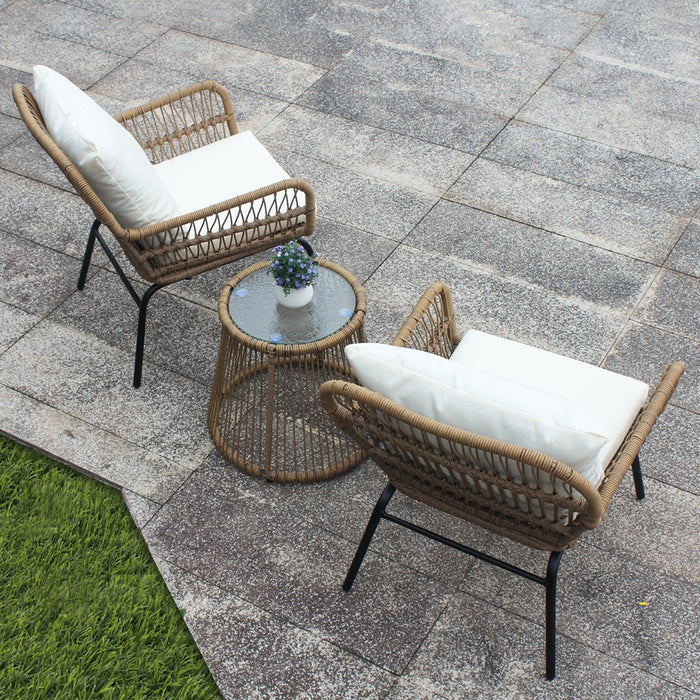 3 PCS Outdoor Patio Balcony Natural Color Wicker Chair Set with Beige Cushion and Round Tempered Glass Table(New)