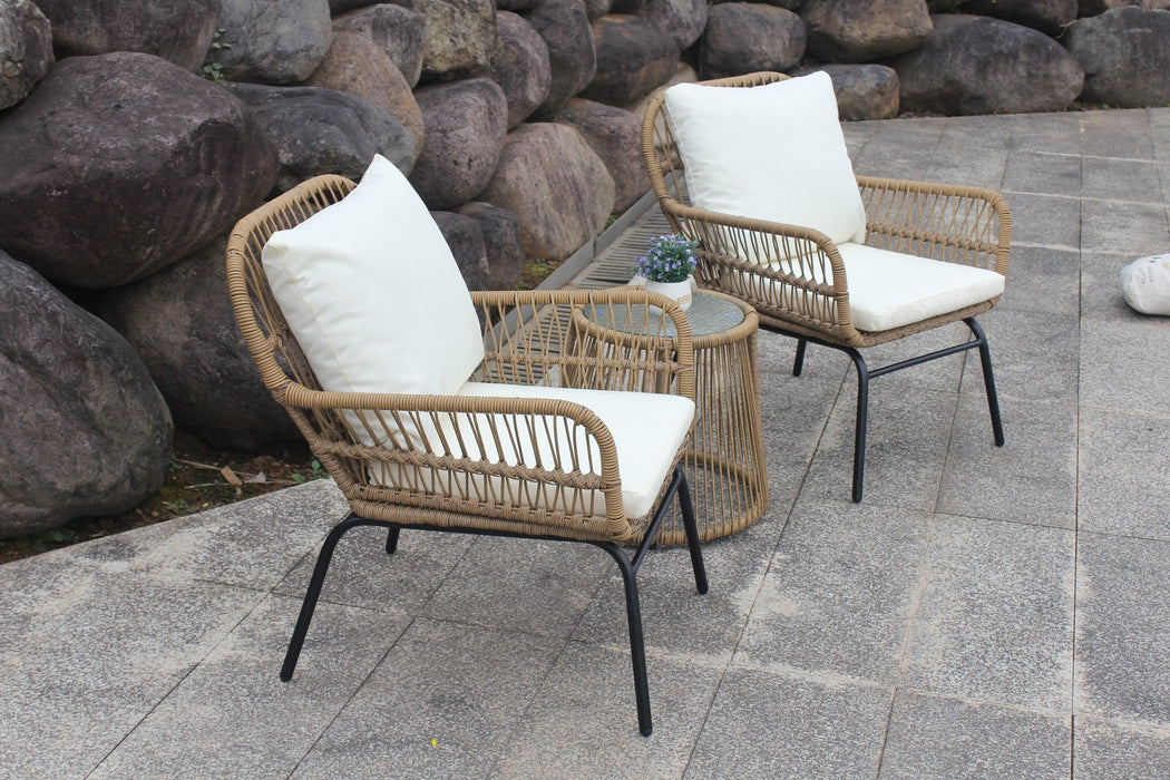 3 PCS Outdoor Patio Balcony Natural Color Wicker Chair Set with Beige Cushion and Round Tempered Glass Table(New)