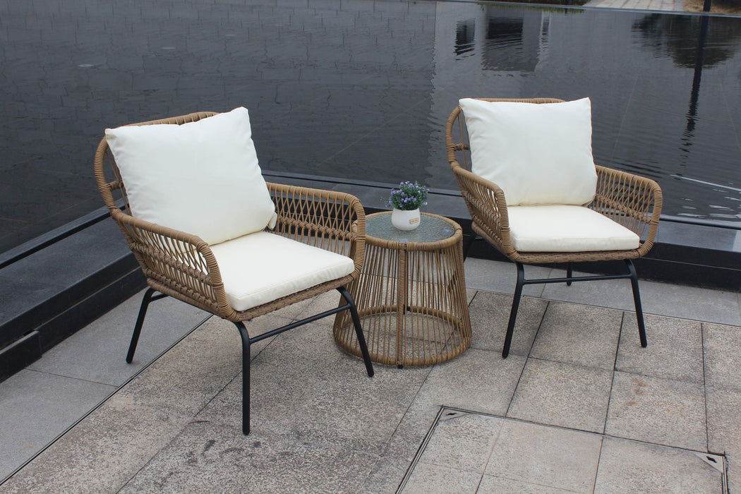 3 PCS Outdoor Patio Balcony Natural Color Wicker Chair Set with Beige Cushion and Round Tempered Glass Table(New)