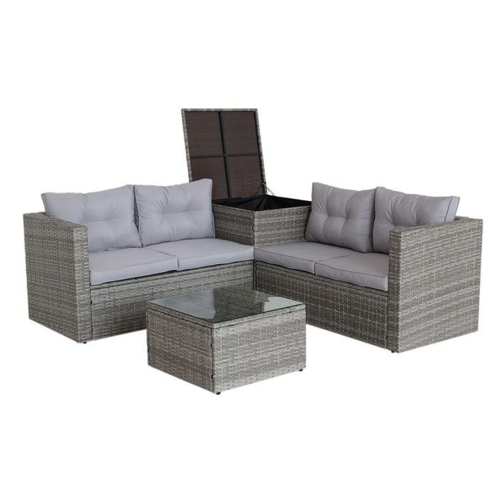 4 PCS Patio Sectional Wicker Rattan Outdoor Furniture Sofa Set withStorage Box Grey