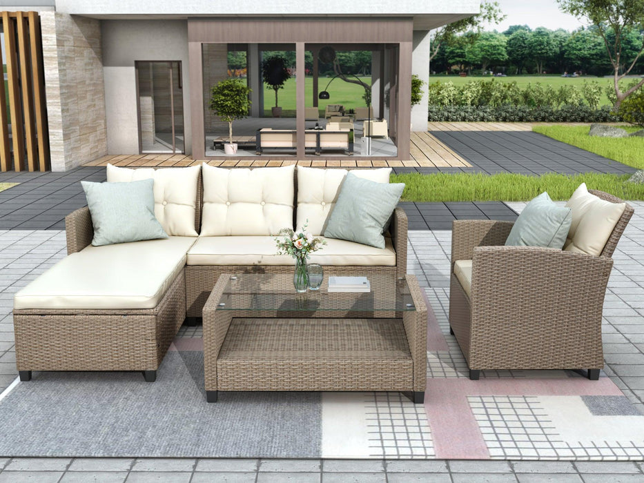 Outdoor, Patio Furniture Sets, 4 PCS Conversation Set Wicker Ratten Sectional Sofa with Seat Cushions(Beige Brown)