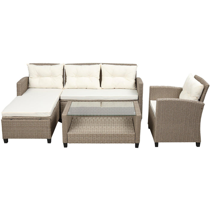 Outdoor, Patio Furniture Sets, 4 PCS Conversation Set Wicker Ratten Sectional Sofa with Seat Cushions(Beige Brown)