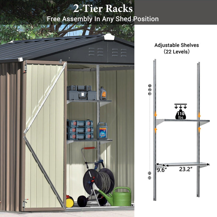 8ft x 6ft Outdoor Garden Lean-to Shed with Metal Adjustable Shelf and Lockable Doors - Brown