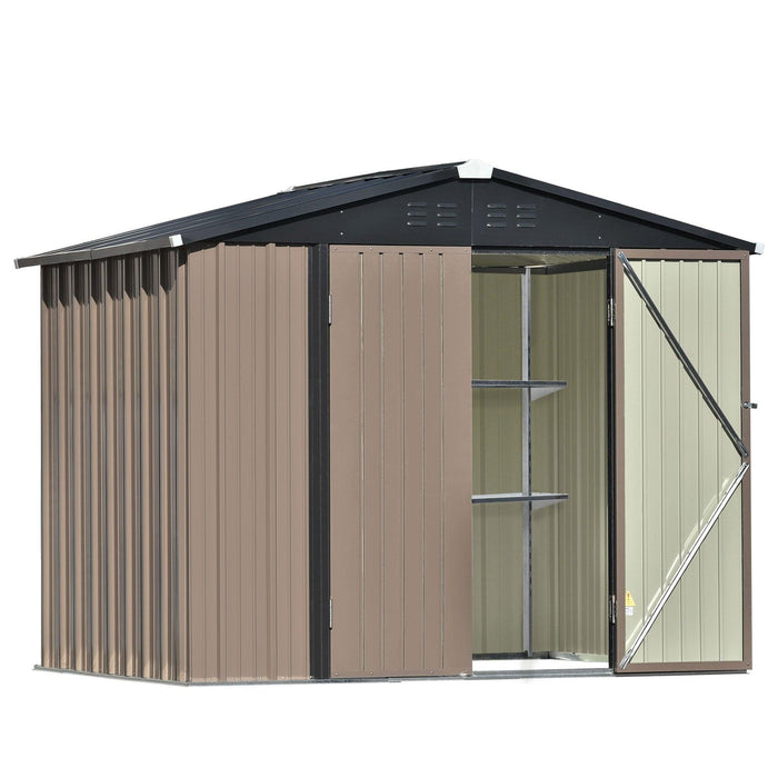 8ft x 6ft Outdoor Garden Lean-to Shed with Metal Adjustable Shelf and Lockable Doors - Brown