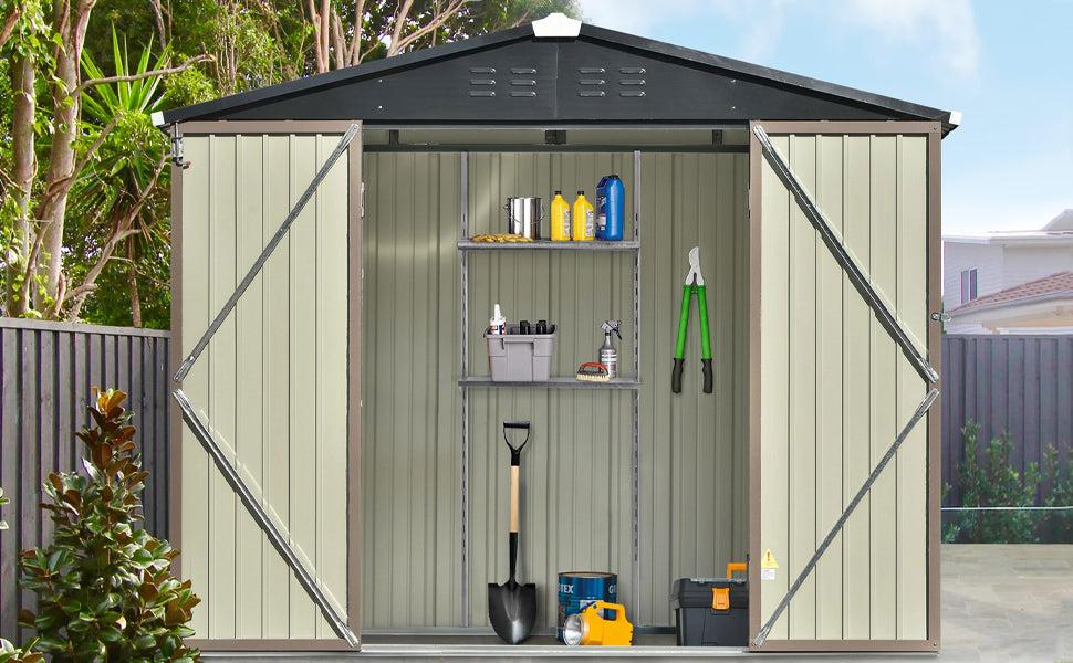 8ft x 6ft Outdoor Garden Lean-to Shed with Metal Adjustable Shelf and Lockable Doors - Brown