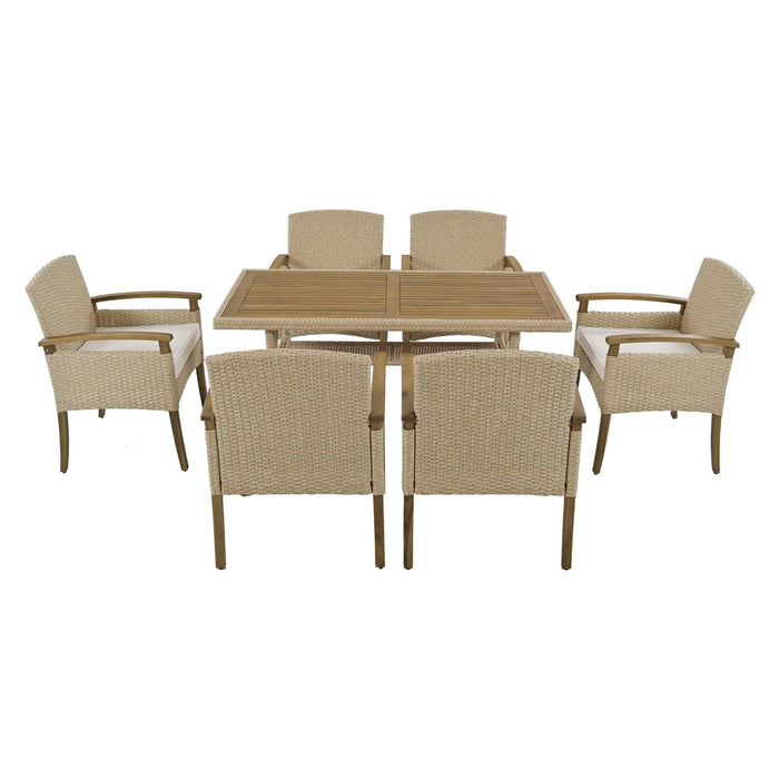 Outdoor Patio 7 PCS Dining Table Set All Weather PE Rattan Dining Set with Wood Tabletop and Cushions for 6, White