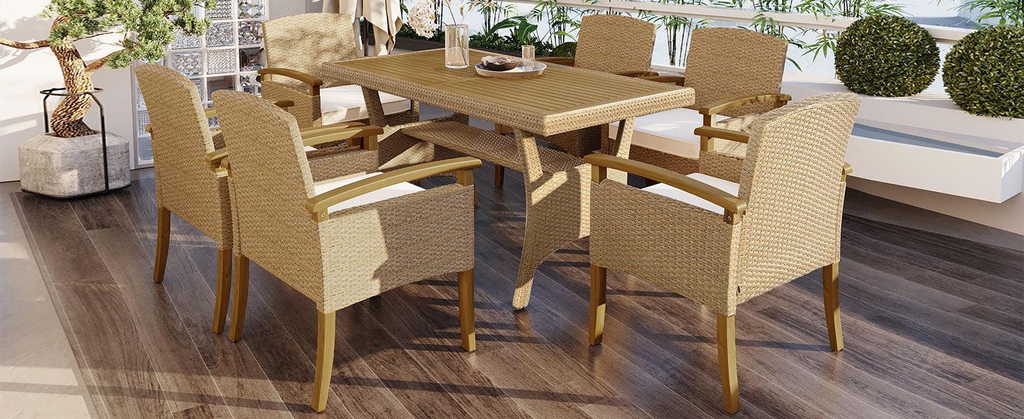 Outdoor Patio 7 PCS Dining Table Set All Weather PE Rattan Dining Set with Wood Tabletop and Cushions for 6, White