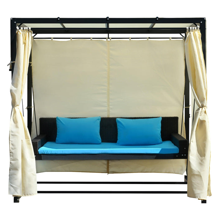 Outdoor Swing Bed with Beige Curtain and Blue Cushion