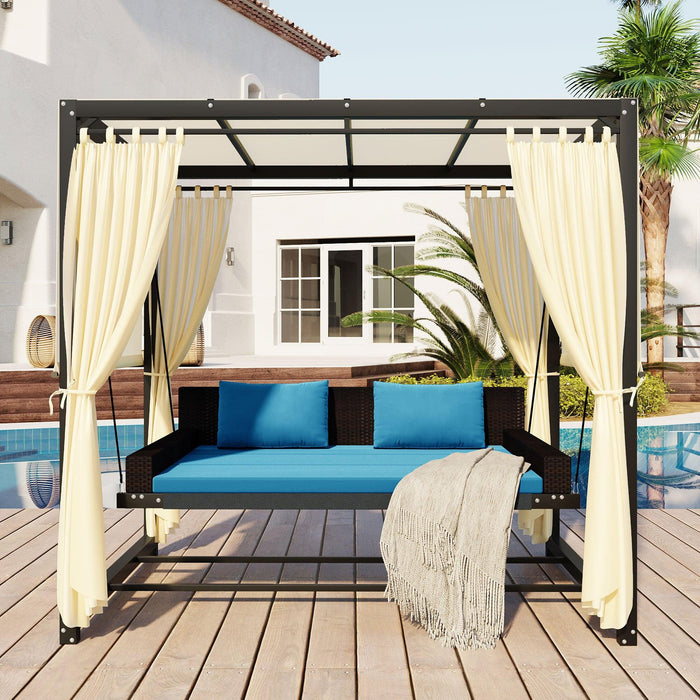 Outdoor Swing Bed with Beige Curtain and Blue Cushion