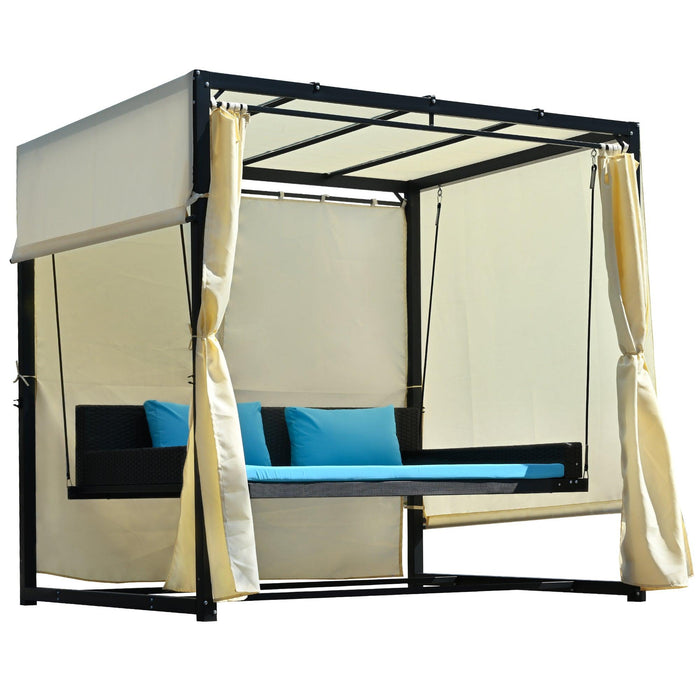 Outdoor Swing Bed with Beige Curtain and Blue Cushion