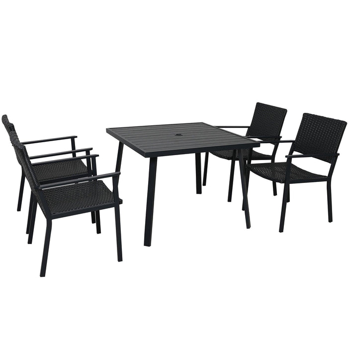 Outdoor Patio PE Wicker 5 PCS Dining Table Set with Umbrella Hole and 4 Dining Chairs for Garden, Deck,Black FrameandBlack Rattan