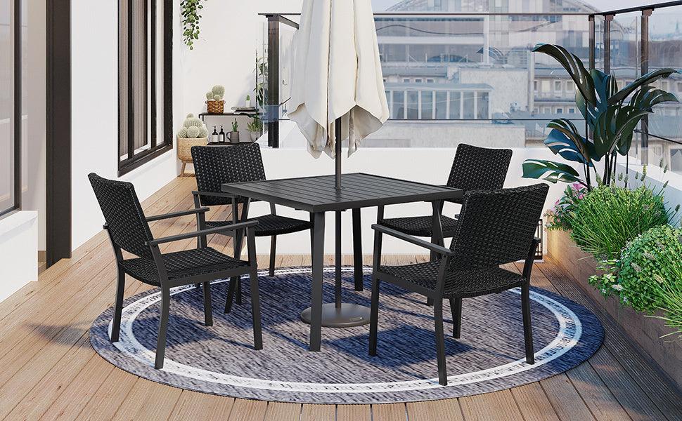 Outdoor Patio PE Wicker 5 PCS Dining Table Set with Umbrella Hole and 4 Dining Chairs for Garden, Deck,Black FrameandBlack Rattan