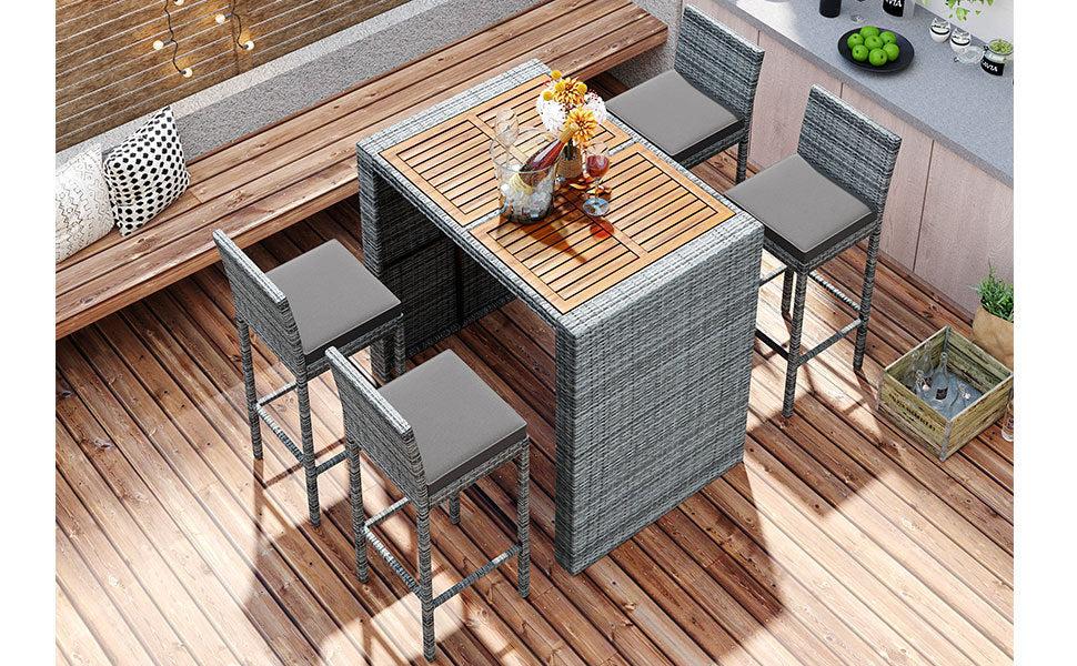 5 PCS Outdoor Patio Wicker Bar Set, Bar Height Chairs With Non-Slip Feet And Fixed Rope, Removable Cushion, Acacia Wood Table Top, Brown Wood And Gray Wicker