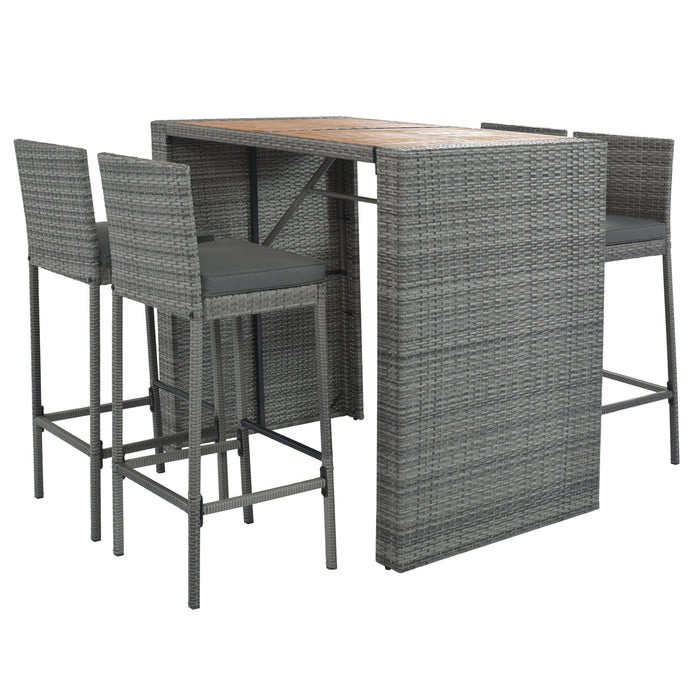 5 PCS Outdoor Patio Wicker Bar Set, Bar Height Chairs With Non-Slip Feet And Fixed Rope, Removable Cushion, Acacia Wood Table Top, Brown Wood And Gray Wicker