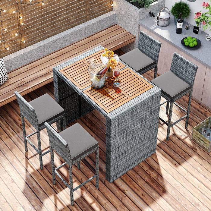 5 PCS Outdoor Patio Wicker Bar Set, Bar Height Chairs With Non-Slip Feet And Fixed Rope, Removable Cushion, Acacia Wood Table Top, Brown Wood And Gray Wicker