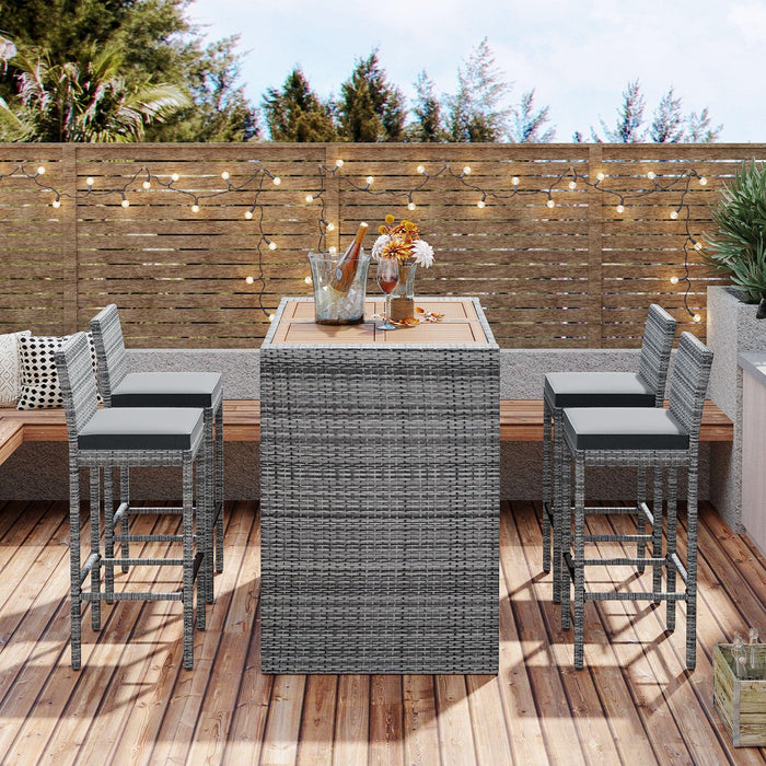 5 PCS Outdoor Patio Wicker Bar Set, Bar Height Chairs With Non-Slip Feet And Fixed Rope, Removable Cushion, Acacia Wood Table Top, Brown Wood And Gray Wicker