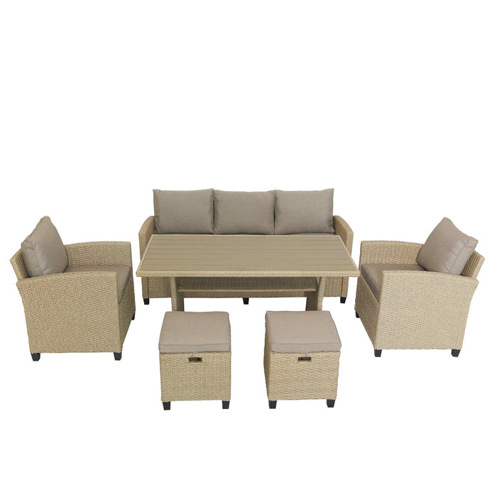 6 PCS Outdoor Patio Beige Rattan Wicker Dining Set with Beige Cushions