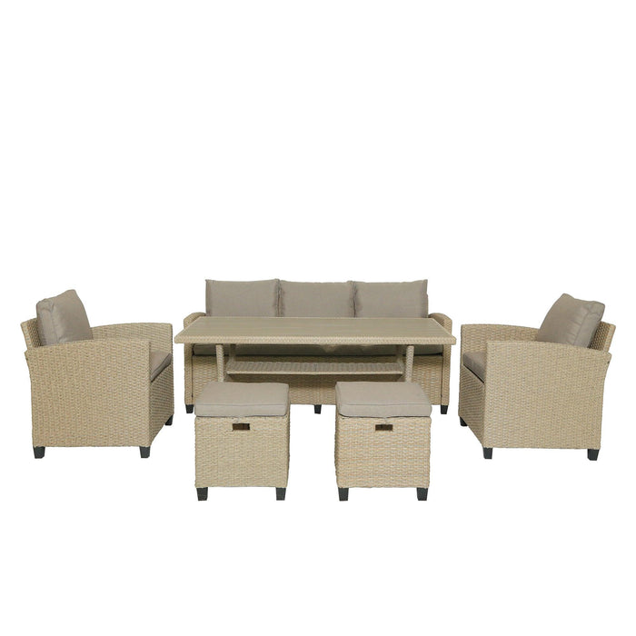 6 PCS Outdoor Patio Beige Rattan Wicker Dining Set with Beige Cushions