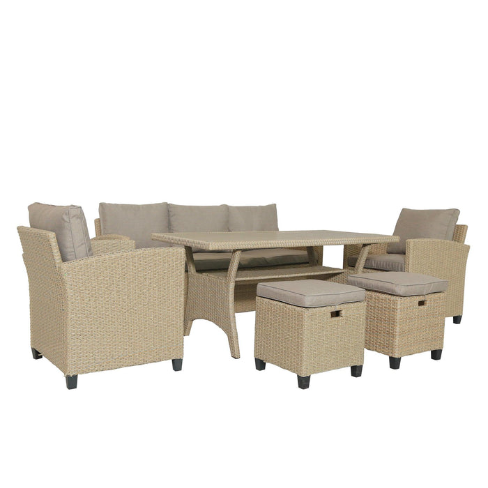 6 PCS Outdoor Patio Beige Rattan Wicker Dining Set with Beige Cushions