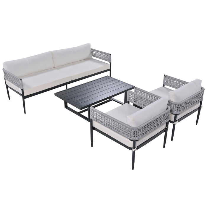 4 PCS Luxury Style Outdoor Seating Group with Beige Cushion And Woven Rope Styling