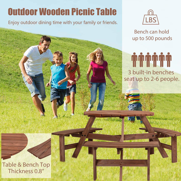 6-Person Circular Outdoor Wooden Picnic Table with 3 Built-in Benches - Brown