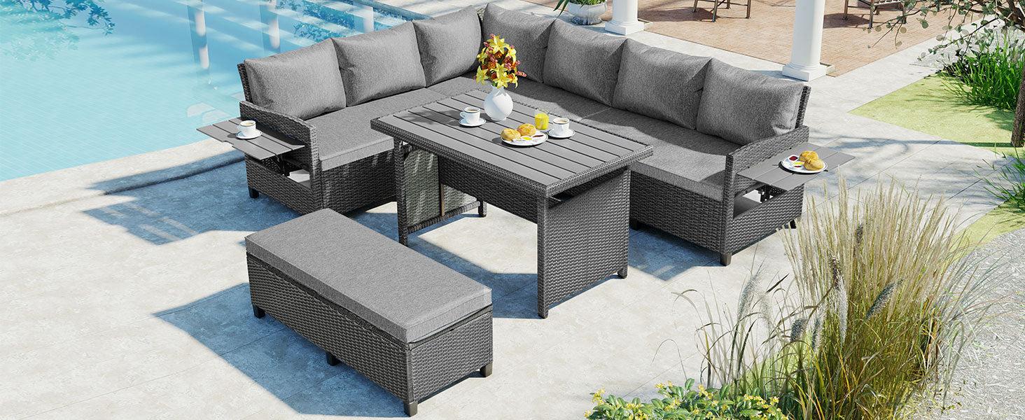 5 PCS Outdoor Patio PE Wicker Gray Rattan L-Shaped Sectional Sofa Set with 2 Extendable Side Tables, Dining Table and Washable Covers - Gray