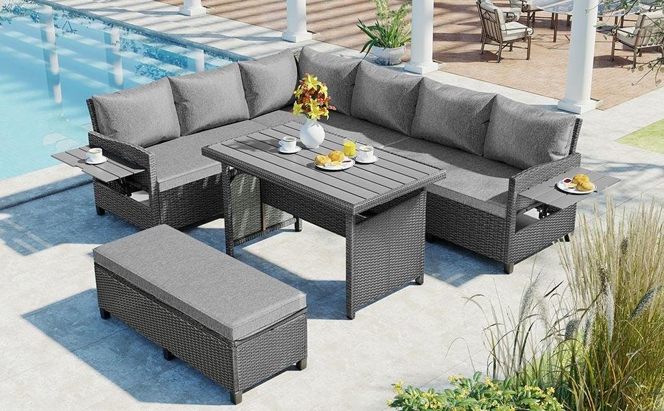 5 PCS Outdoor Patio PE Wicker Gray Rattan L-Shaped Sectional Sofa Set with 2 Extendable Side Tables, Dining Table and Washable Covers - Gray