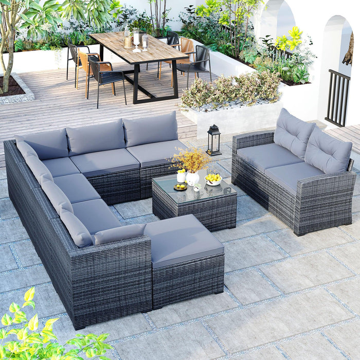 9 PCS Outdoor Patio Large Arrangeable Rattan Furniture Sofa Set with Gray Cushion and Gray Wicker