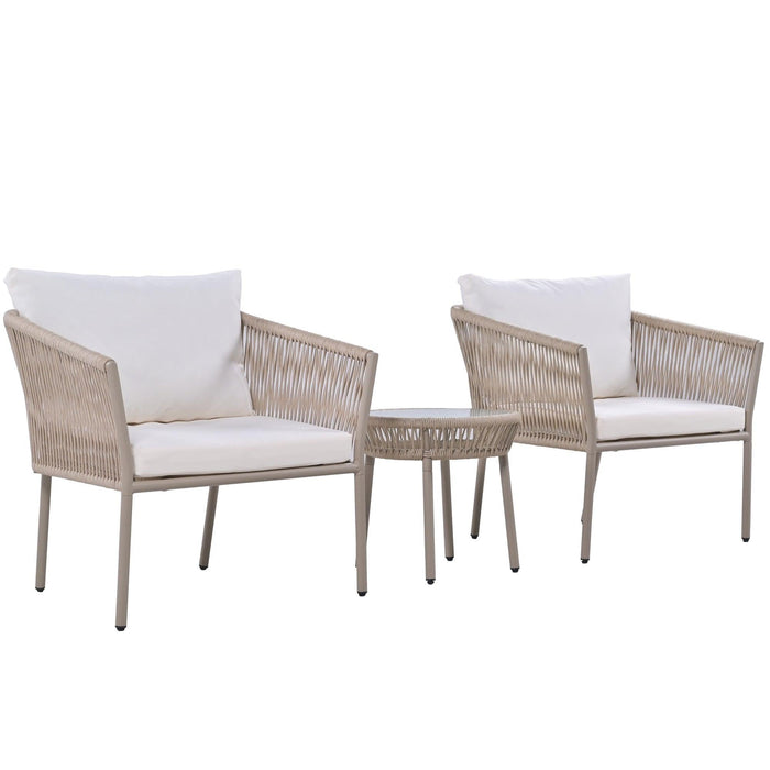 2PCS Luxury Rattan Outdoor Seating Set Including 2 Armchairs and Coffee Table with Beige Cushions and Brown Rattan