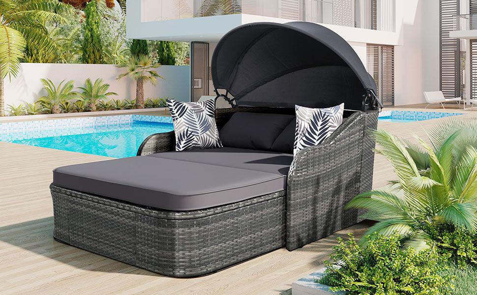 79.9" Outdoor Double Lounge Sunbed with Adjustable Canopy, Gray Wicker And Gray Cushion