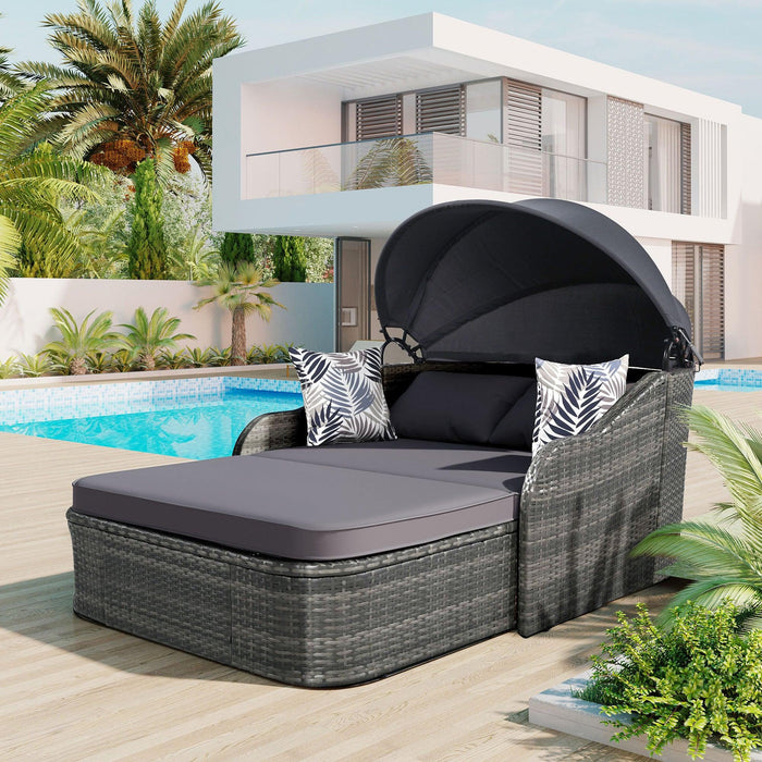 79.9" Outdoor Double Lounge Sunbed with Adjustable Canopy, Gray Wicker And Gray Cushion