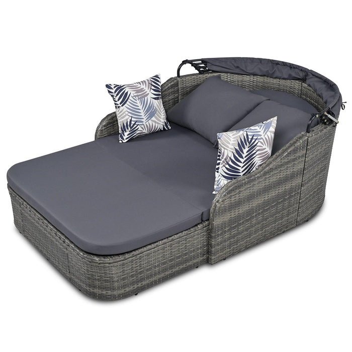 79.9" Outdoor Double Lounge Sunbed with Adjustable Canopy, Gray Wicker And Gray Cushion