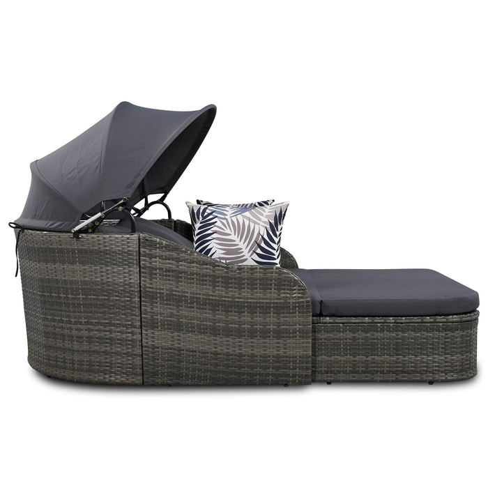 79.9" Outdoor Double Lounge Sunbed with Adjustable Canopy, Gray Wicker And Gray Cushion