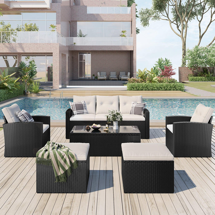 6 PCS All-Weather Wicker PE Rattan Patio Outdoor Dining Conversation Sectional Set with Black Wicker and Beige Cushions