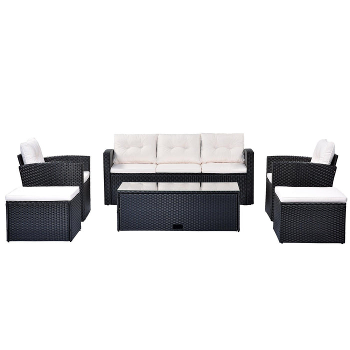 6 PCS All-Weather Wicker PE Rattan Patio Outdoor Dining Conversation Sectional Set with Black Wicker and Beige Cushions