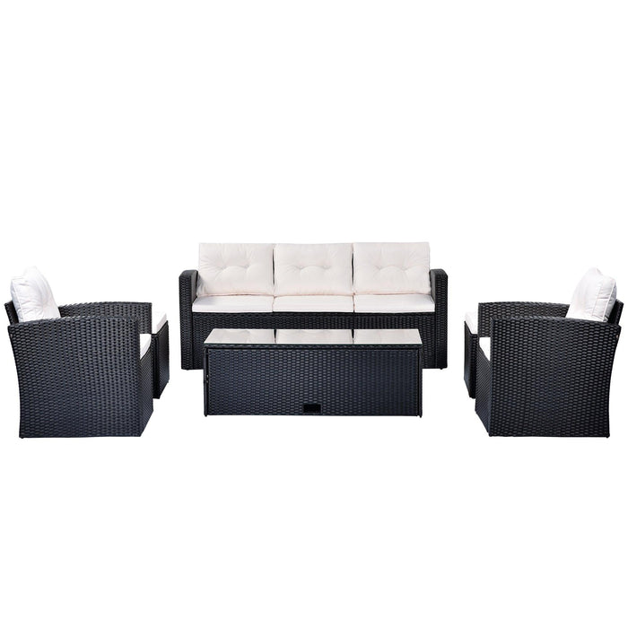 6 PCS All-Weather Wicker PE Rattan Patio Outdoor Dining Conversation Sectional Set with Black Wicker and Beige Cushions