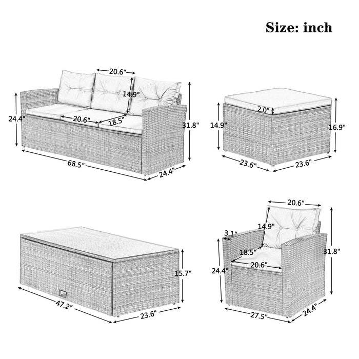 6 PCS All-Weather Wicker PE Rattan Patio Outdoor Dining Conversation Sectional Set with Black Wicker and Beige Cushions