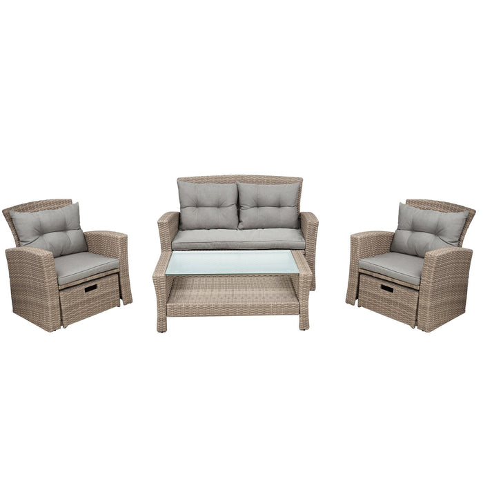 4 PCS Outdoor All Weather Wicker Rattan Patio Furniture Set with Ottoman and Gray Cushions