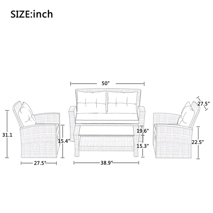 4 PCS Outdoor All Weather Wicker Rattan Patio Furniture Set with Ottoman and Gray Cushions