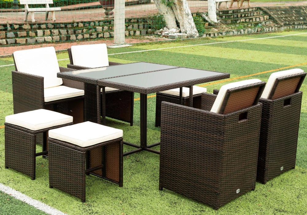 9 PCS Outdoor Patio Wicker Rattan Space Saving Dining Set with Ottoman and Cushions