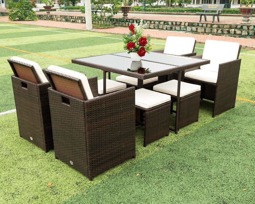 9 PCS Outdoor Patio Wicker Rattan Space Saving Dining Set with Ottoman and Cushions