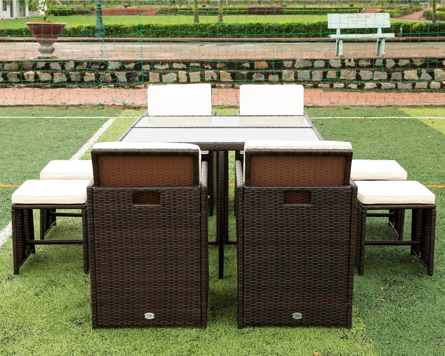 9 PCS Outdoor Patio Wicker Rattan Space Saving Dining Set with Ottoman and Cushions