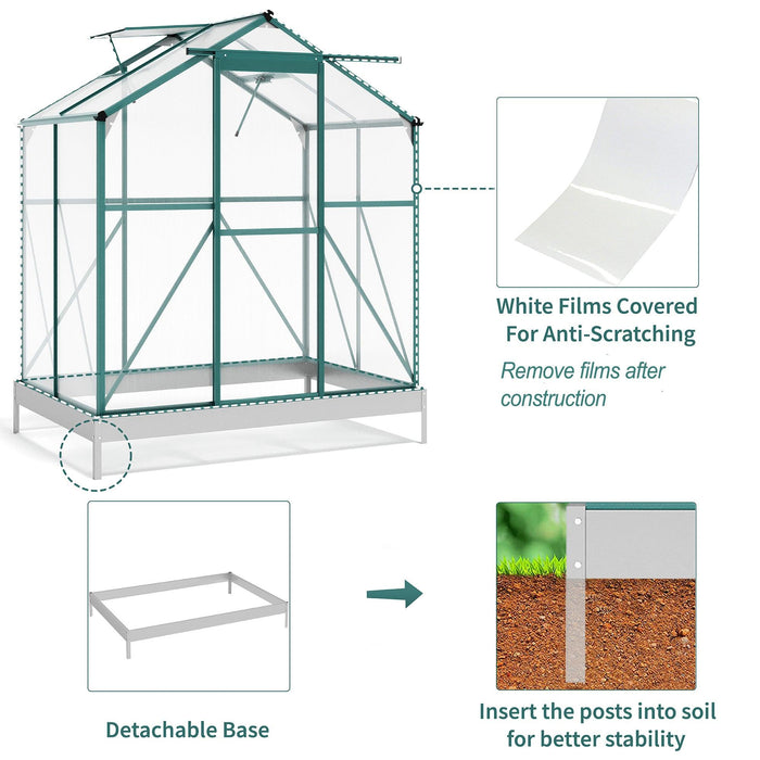 Outdoor Patio 6.2ft W x 4.3ft D Walk-in Polycarbonate Greenhouse with 2 Windows and Aluminum Base