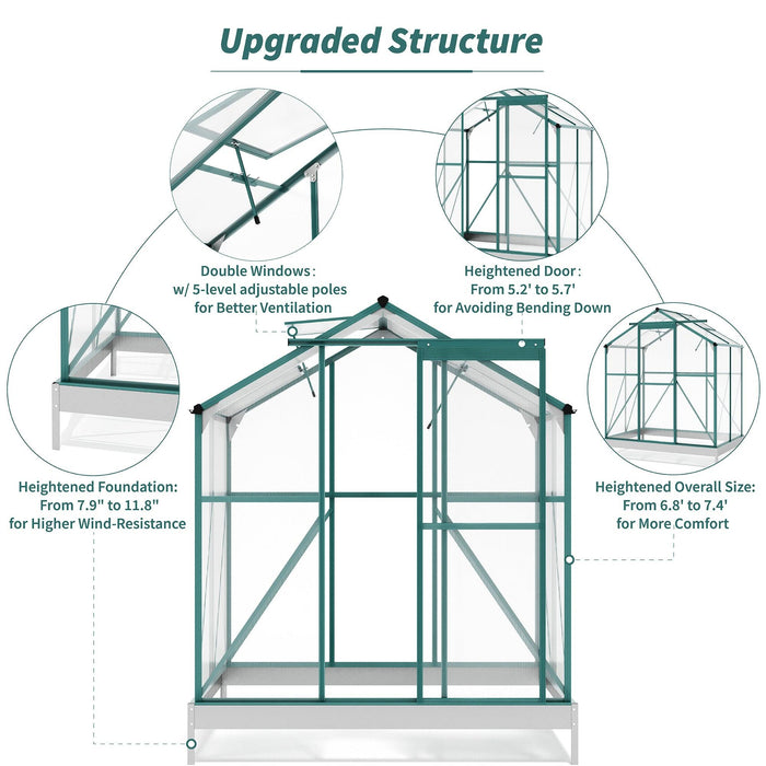 Outdoor Patio 6.2ft W x 4.3ft D Walk-in Polycarbonate Greenhouse with 2 Windows and Aluminum Base